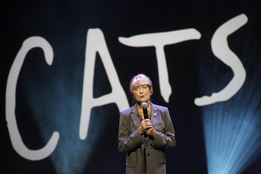 Choreographer Gillian Lynne delivers her speech during a press presentation to promote the musical "Cats," in Paris on April 27, 2015.