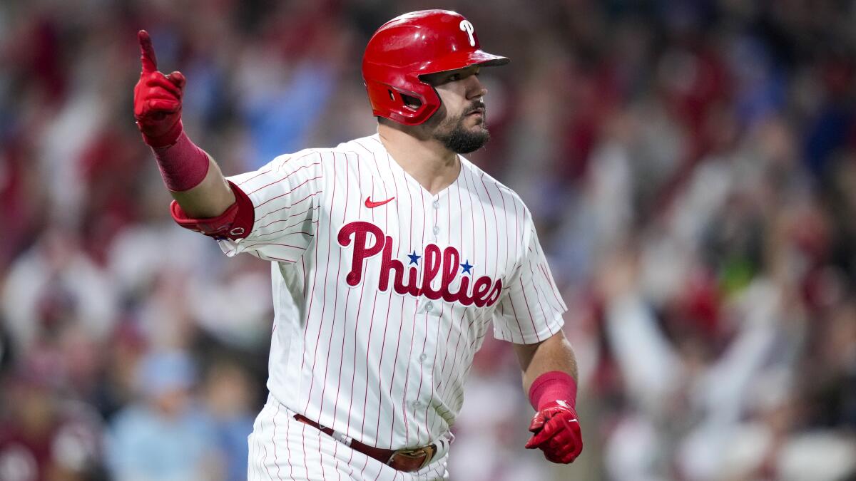 Kyle Schwarber of the Philadelphia Phillies hits a grand slam against the  Chicago Cubs during the first inning at Citizens Bank Park on Saturday, May  20, 2023, in Philadelphia., National Sports