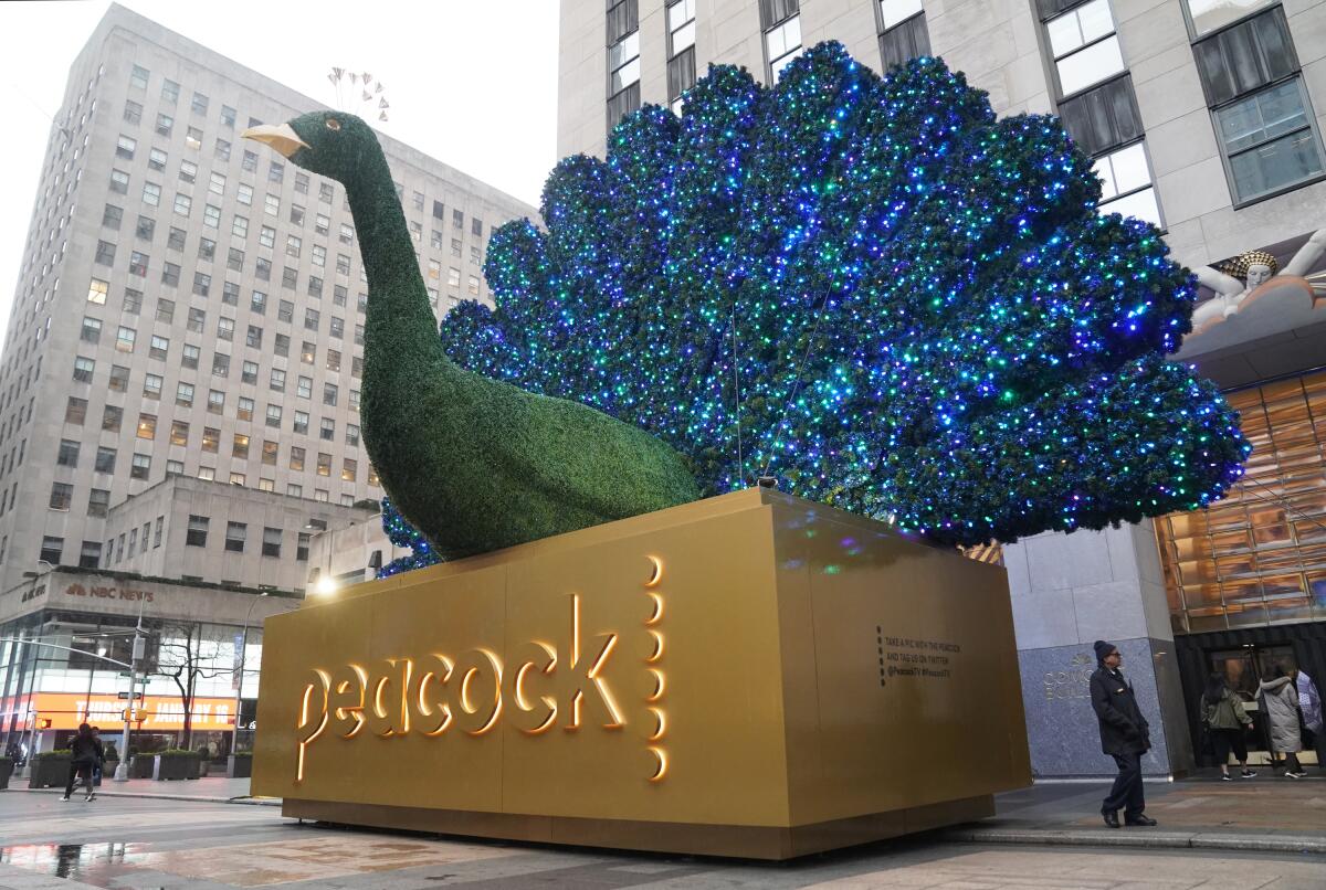 A sculpture outside Comcast headquarters at Rockefeller Center welcomed attendees to the investor presentation for Peacock.