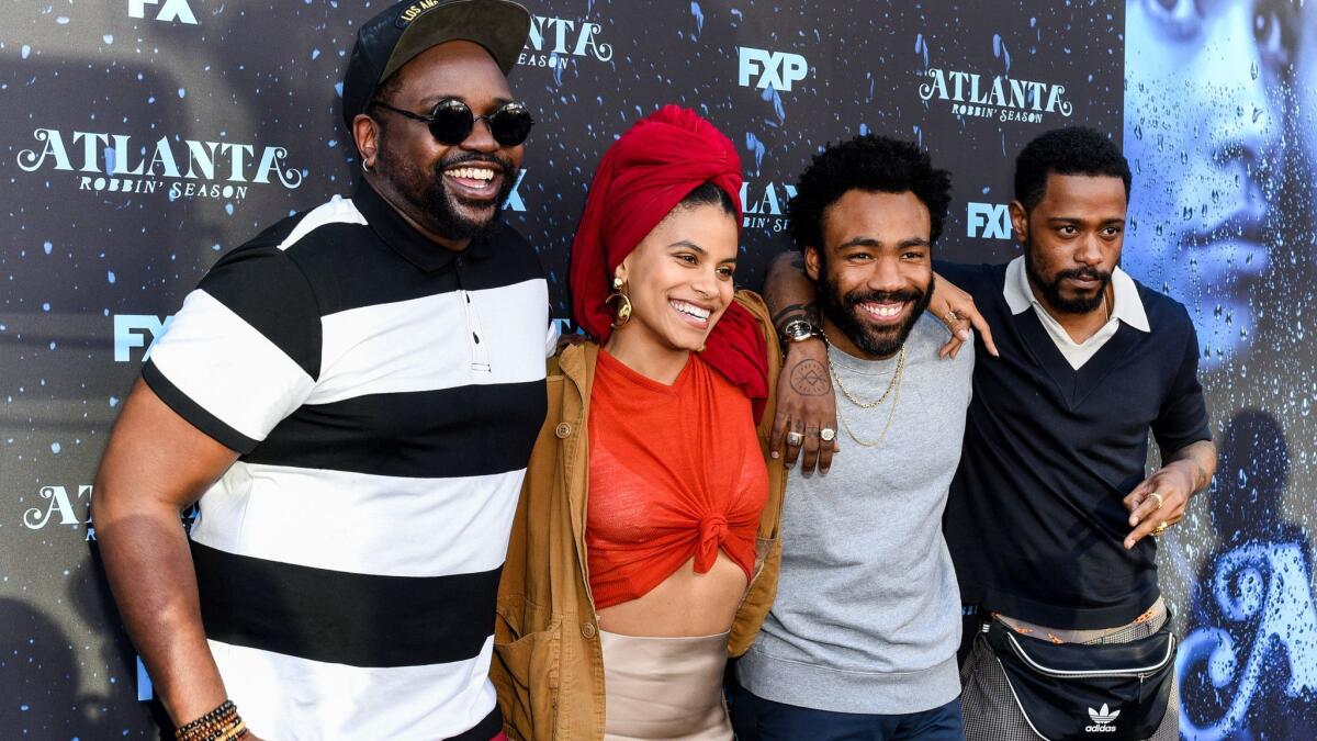 Brian Tyree Henry, left, Zazie Beetz, Donald Glover and Lakeith Stanfield attend FX's "Atlanta Robbin' Season" FYC Event at Saban Media Center. Henry, Beetz and Glover received Emmy nominations for "Atlanta's" second season.