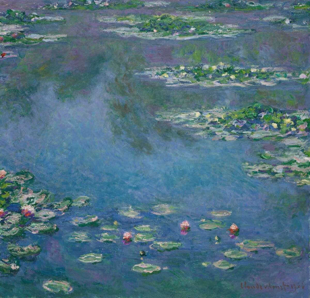 A painting of a lily pond, trees and sky reflected in the surface of the water.