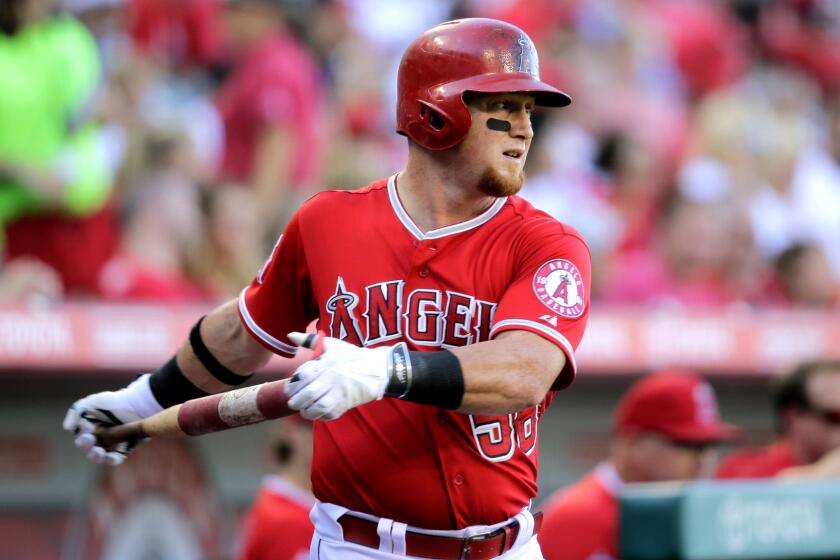Angels right fielder Kole Calhoun gets ready for an at-bat against the Athletics during a game on Sept. 30 in Anahiem.