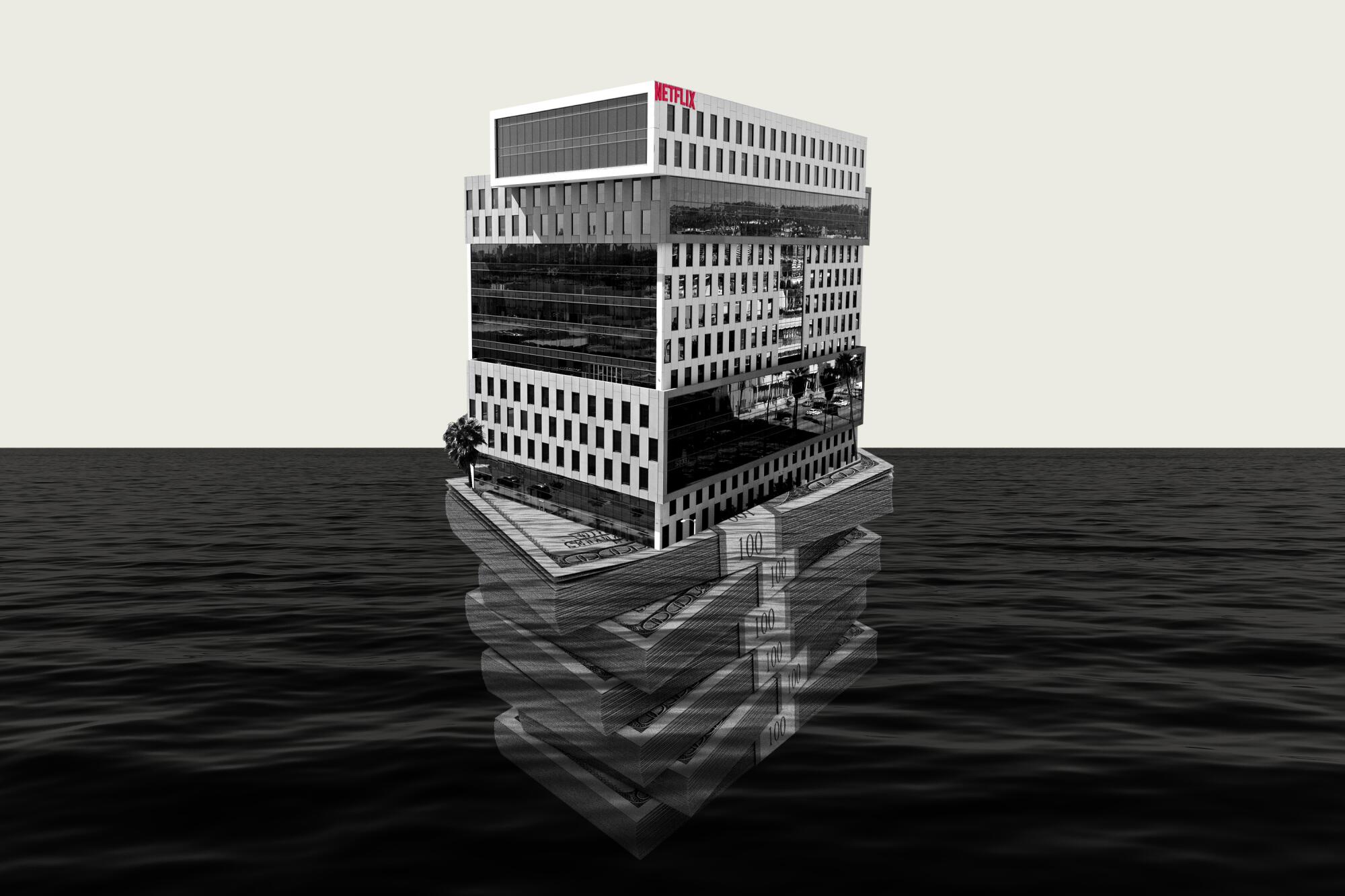 A Netflix building sitting on top of a stack of cash floating beneath the surface of water