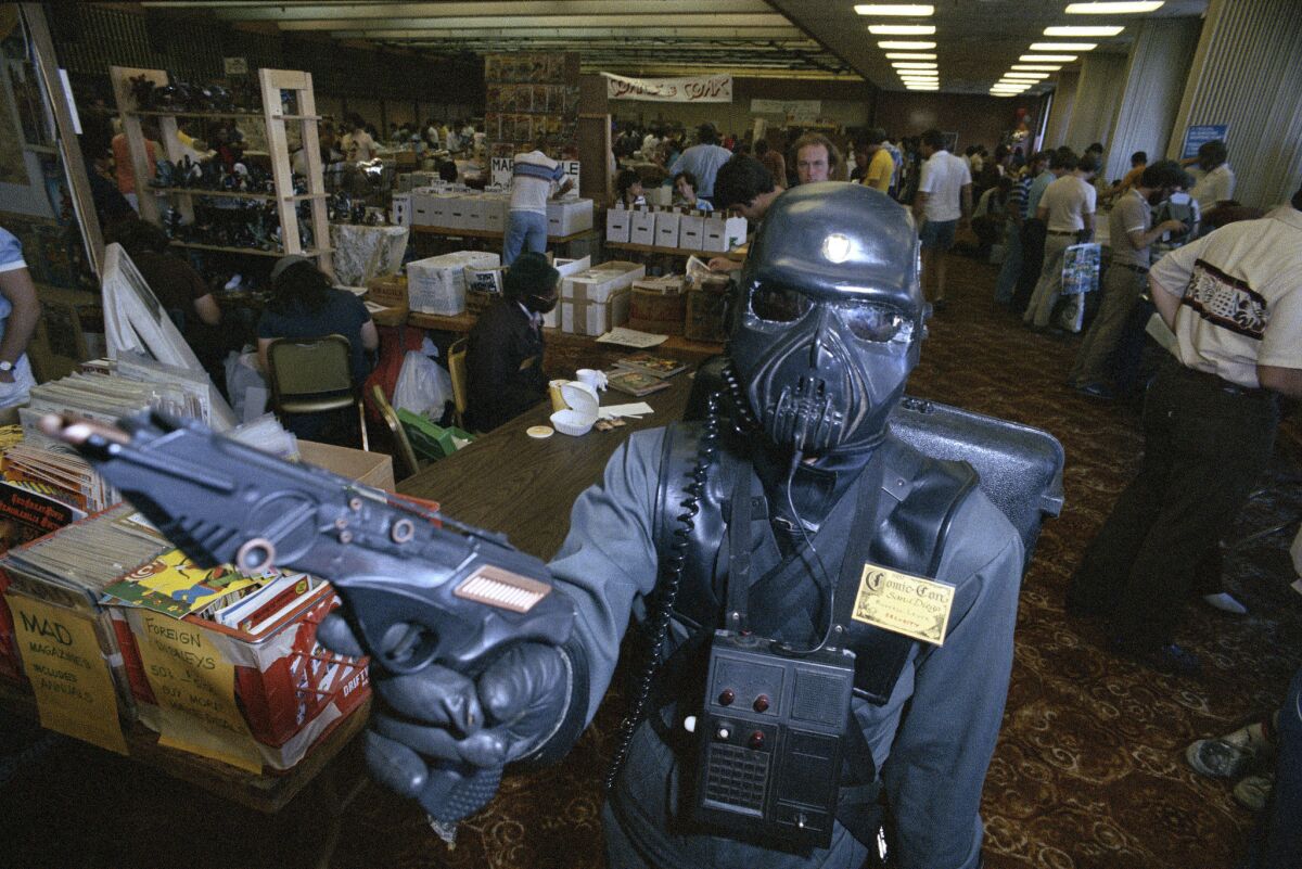 "Security robot" Russell Leuck stands guard at the 1981 San Diego Comic Convention at the El Cortez Hotel.