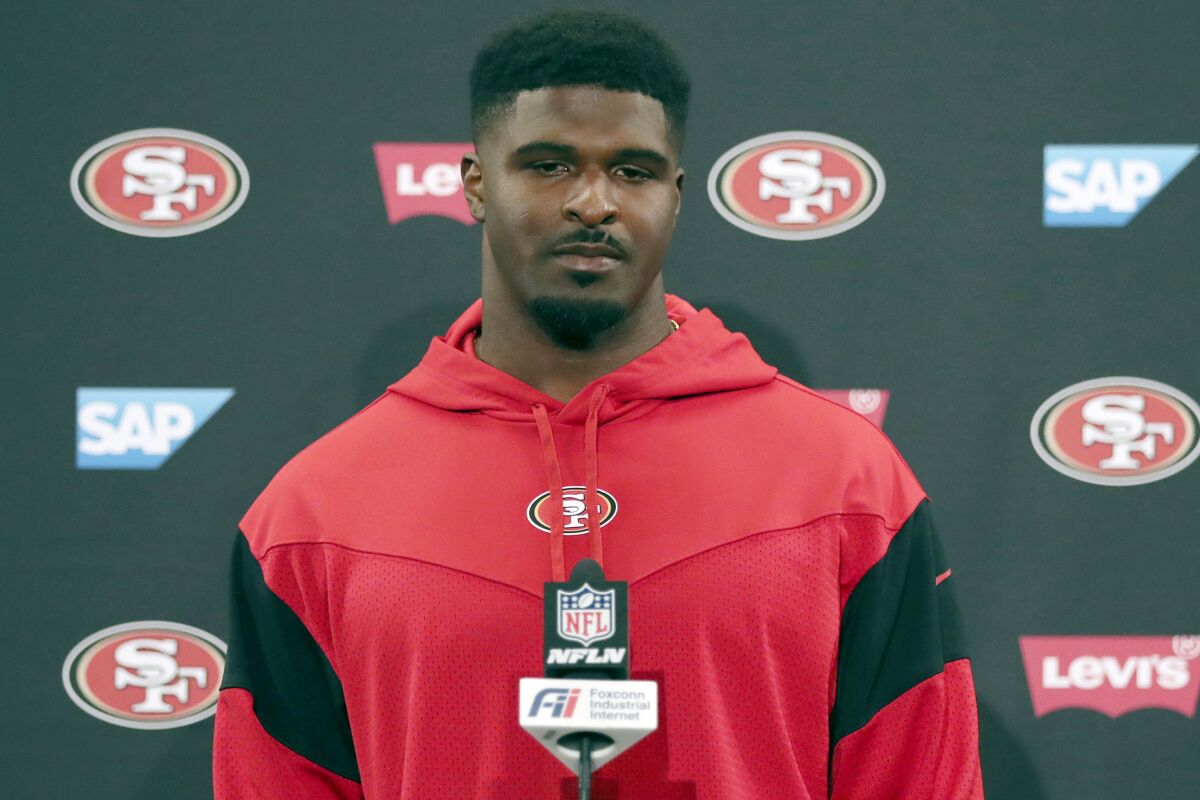 FILE - San Francisco 49ers defensive end Dee Ford speaks after an NFL football game against the Seattle Seahawks in Santa Clara, Calif., on Oct. 3, 2021. Ford won't be coming back this season for the San Francisco 49ers and quite possibly not at all. The Niners declined to activate Ford from injured reserve before a deadline on Wednesday, Dec. 15, 2021, sending him home to rest the lingering back injury that has limited him to seven games the past two seasons. (AP Photo/Jed Jacobsohn)