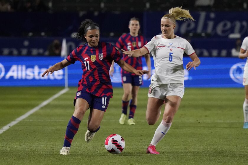 United States' Sophia Smith, left, is chased by Czech Republic's Gabriela Slajslova during the second half of a She Believes Cup women's soccer match Thursday, Feb. 17, 2022, in Carson, Calif. (AP Photo/Marcio Jose Sanchez)