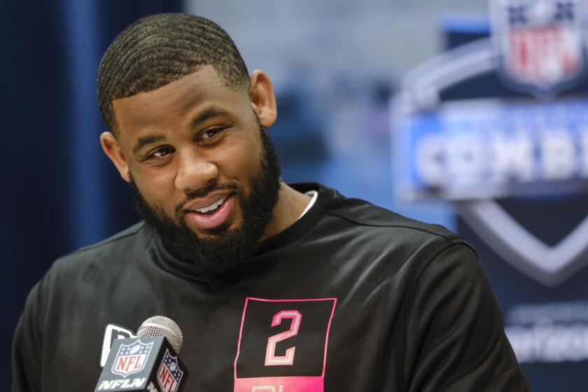 TCU defensive lineman Ross Blacklock speaks during a press conference at the NFL football scouting combine in Indianapolis, Thursday, Feb. 27, 2020. (AP Photo/AJ Mast)