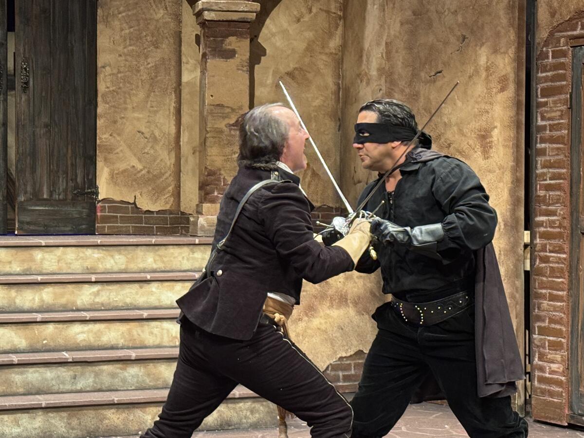 Captain Soleil (Edward Bangasser) takes on Diego Vega, aka Zorro (Andrew Piñon) in a climactic sword fight.