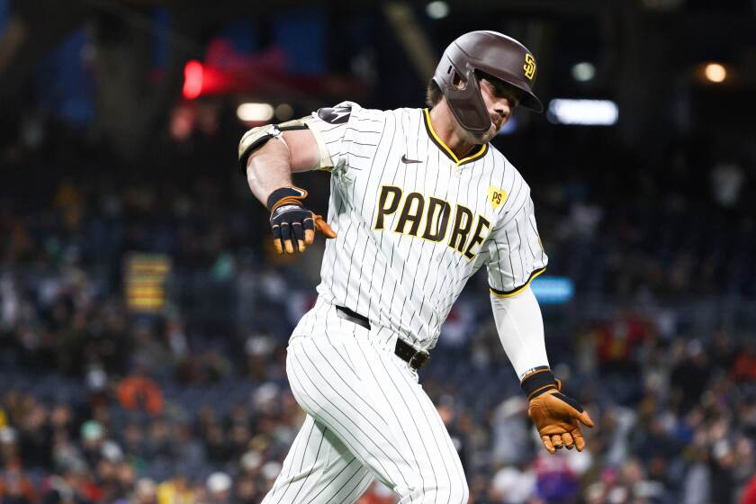 San Diego, CA - March 30: San Diego Padres third baseman Graham Pauley (22) rounds the bases after a home run against the San Francisco Giants during the ninth inning at Petco Park on Saturday, March 30, 2024 in San Diego, CA. (Meg McLaughlin / The San Diego Union-Tribune)