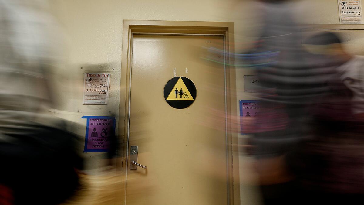 A gender-neutral bathroom at Santee High School in Los Angeles.