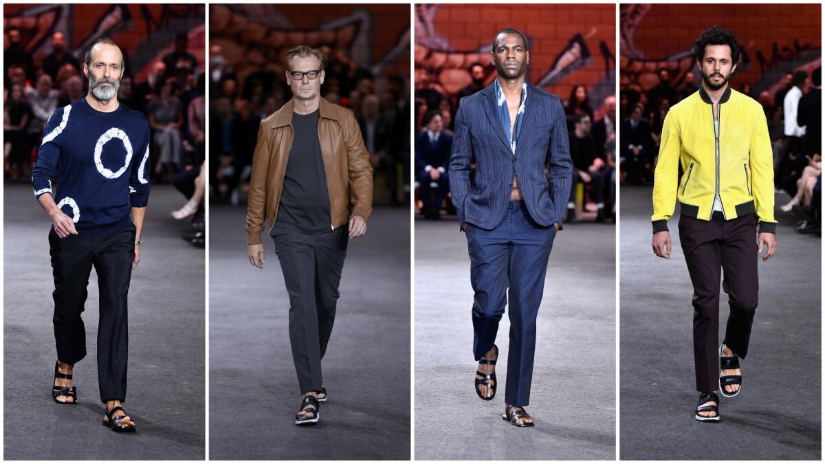 Roman Alonso, from left, Philippe Vergne, Kori Newkirk and Ari Taymor were among the local men who took a runway turn at Hermès' Dwntwn Men event in Chinatown.