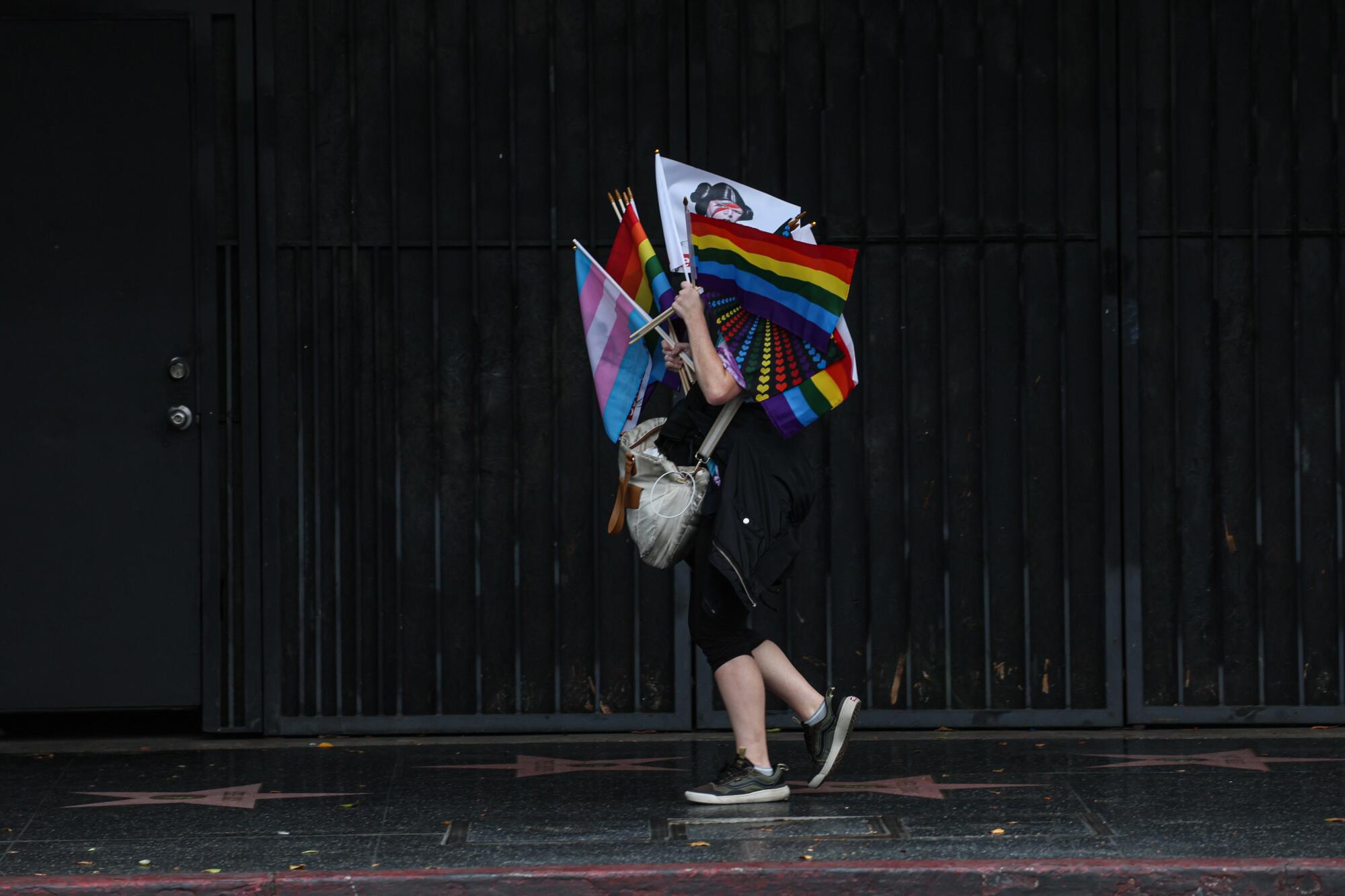 A vendor selling flags of different colors heads to Hollywood Boulevard ahead of the 2024 Los Angeles Pride Parade.