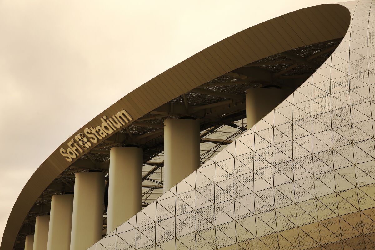 A view of SoFi Stadium's unique roof.