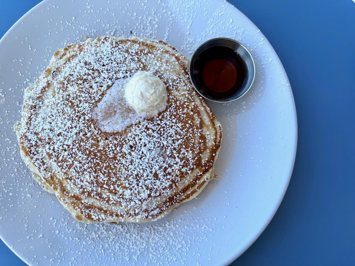 A short stack of buttermilk pancakes from Little Billy's in Newport Beach.