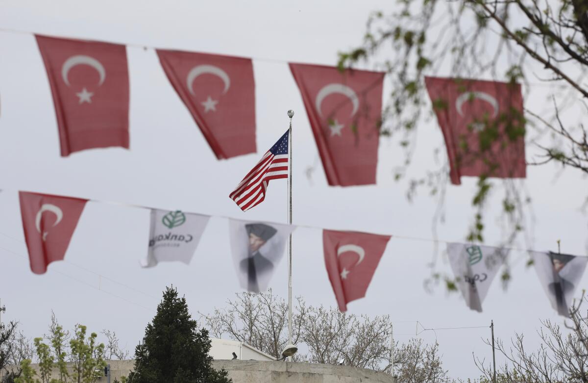Turkish flags and banners hang on a street outside the U.S. Embassy in Ankara.