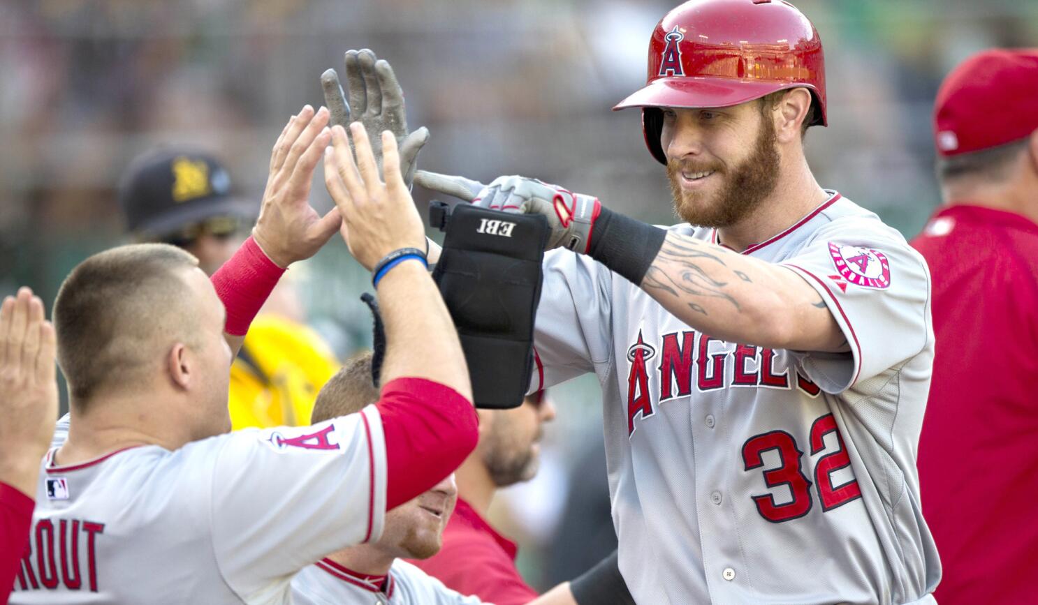 Kole Calhoun and Josh Hamilton of the Los Angeles Angels looking