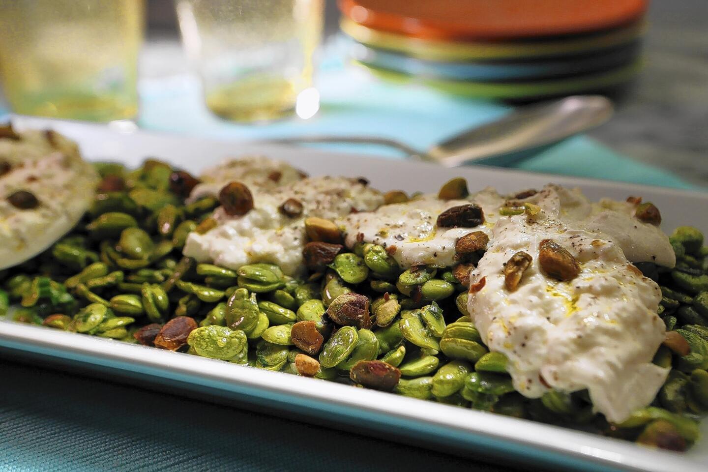 Recipe: Fava bean salad with mint, burrata and pistachios