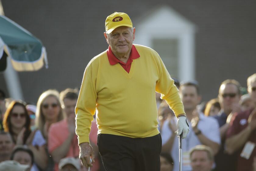 FILE - In this April 11, 2019, file photo, Jack Nicklaus hits a ceremonial tee shot.
