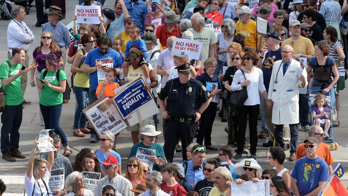 Protesters head gather for a sit-in against House Bill 2 in Raleigh, N.C., on April 25.