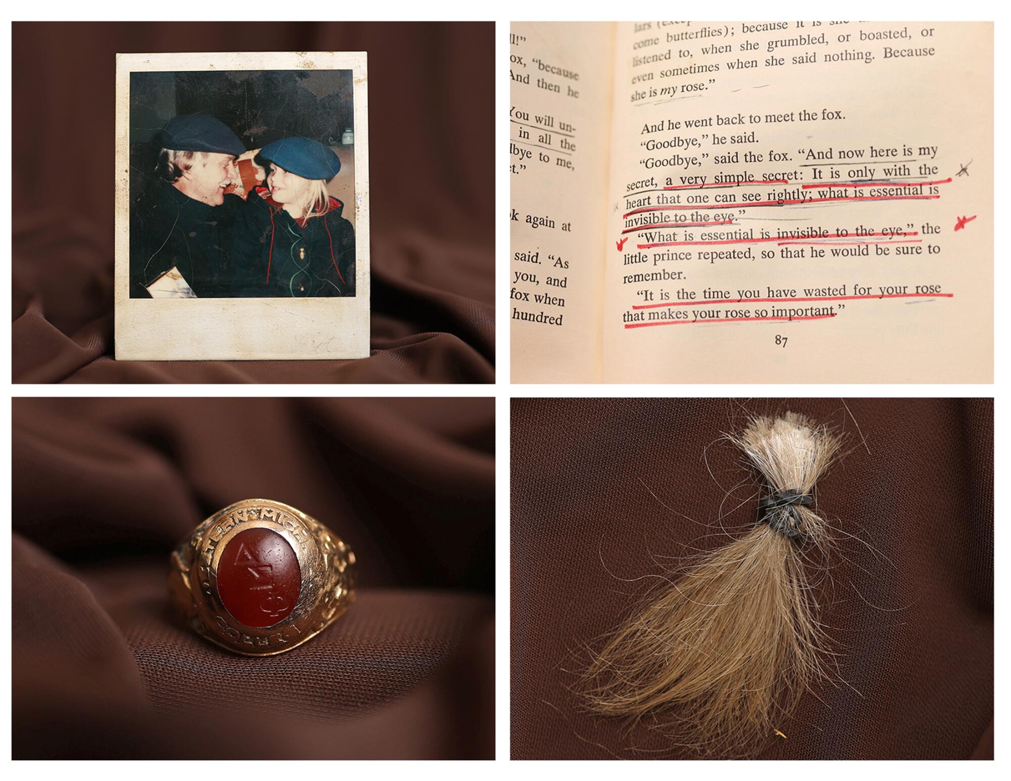 Four photos: a Polaroid of a man and a young girl, a college ring, a lock of hair, and a book page with red underlines