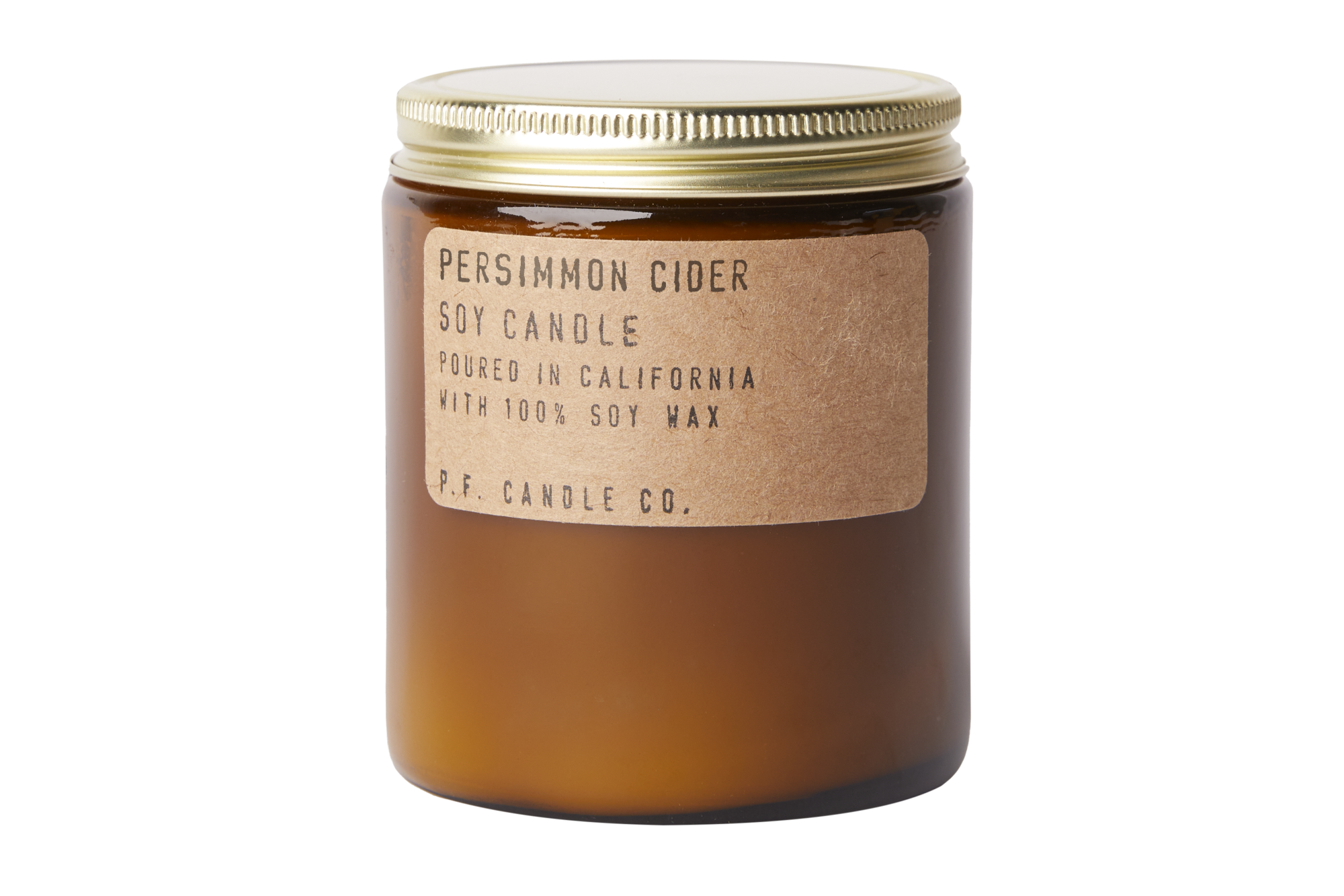 A persimmon cider candle in an amber container by P.F. Candle Co.