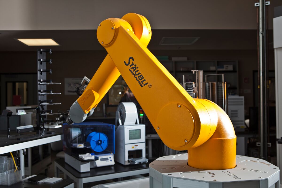 A drug screening robot at the Conrad Prebys Center for Chemical Genomics. 