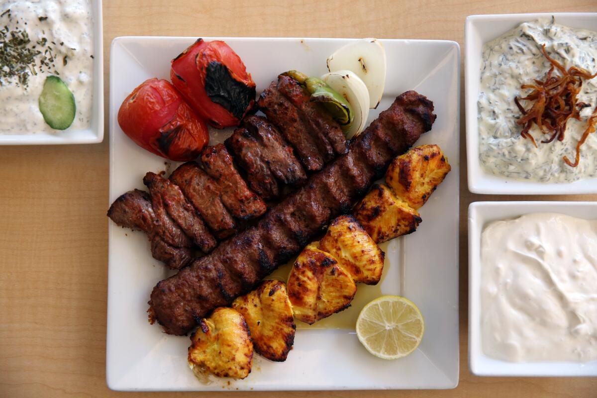 The Tehran Plate special, with chicken, beef and filet mignon kebobs, at Taste of Tehran in Westwood.