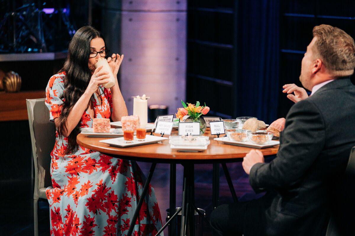 Demi Moore samples a mayo, cheese curd and soy sauce smoothie on "The Late Late Show With James Corden."