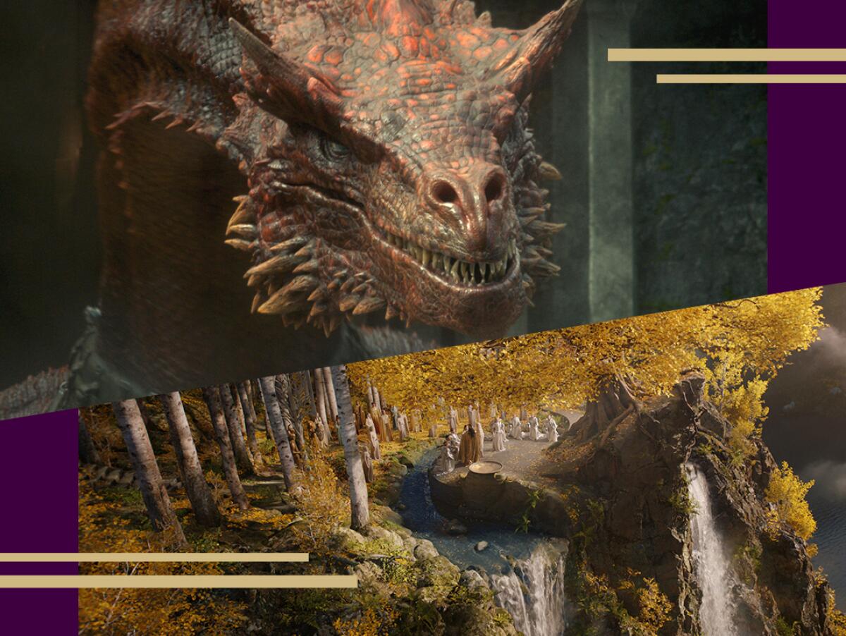 An image of a dragon and a scene of several people standing above a scenic waterfall.