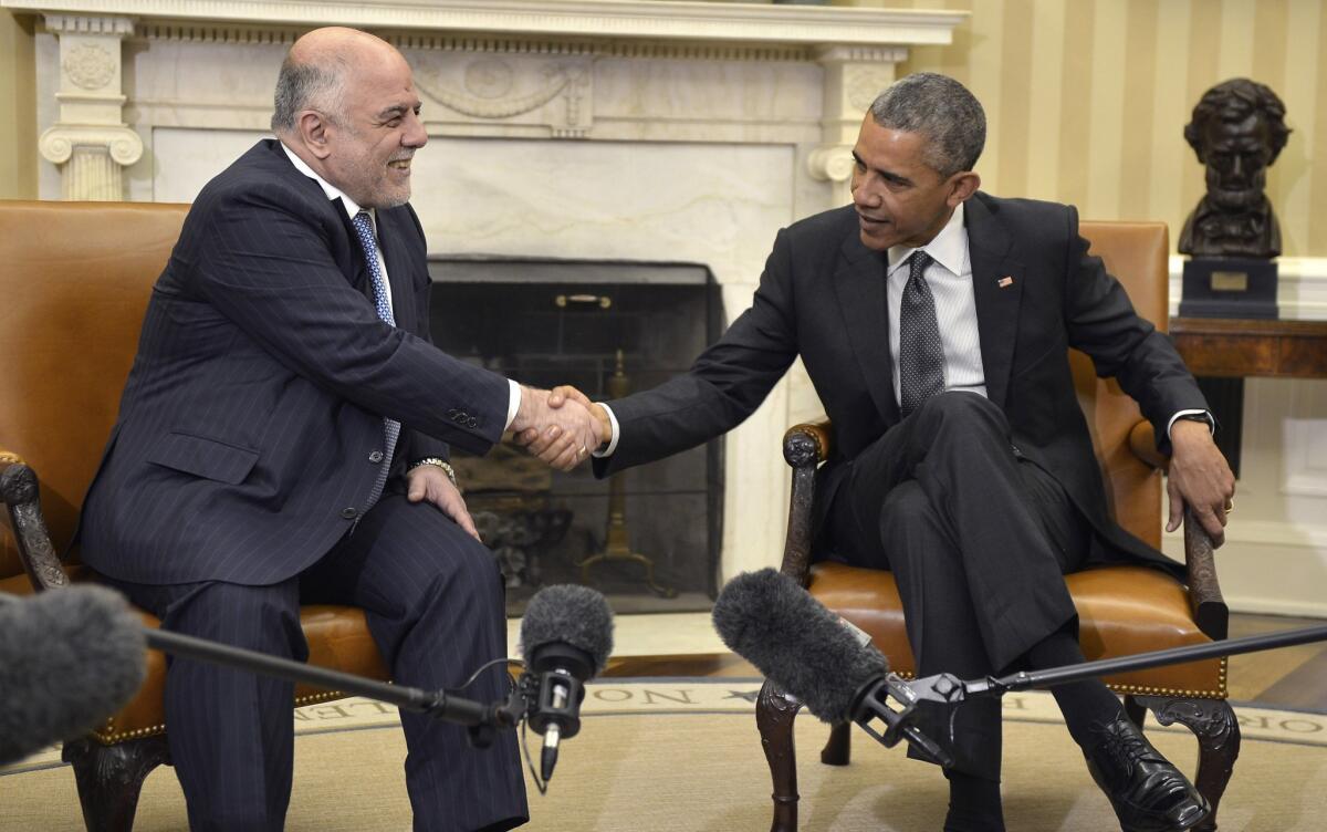 President Obama shakes hands with Iraqi Prime Minister Haider Abadi after a bilateral meeting in the Oval Office on April 14. The two reportedly talked about supporting the fight against ISIS, a strategic partnership and relations in commercial and cultural interests.