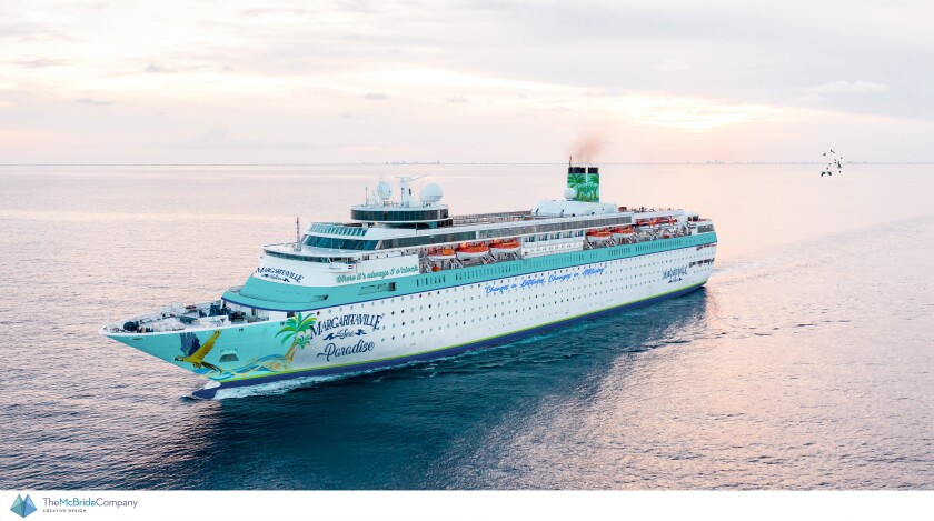 The Margaritaville at Sea Paradise ship sails to sea.