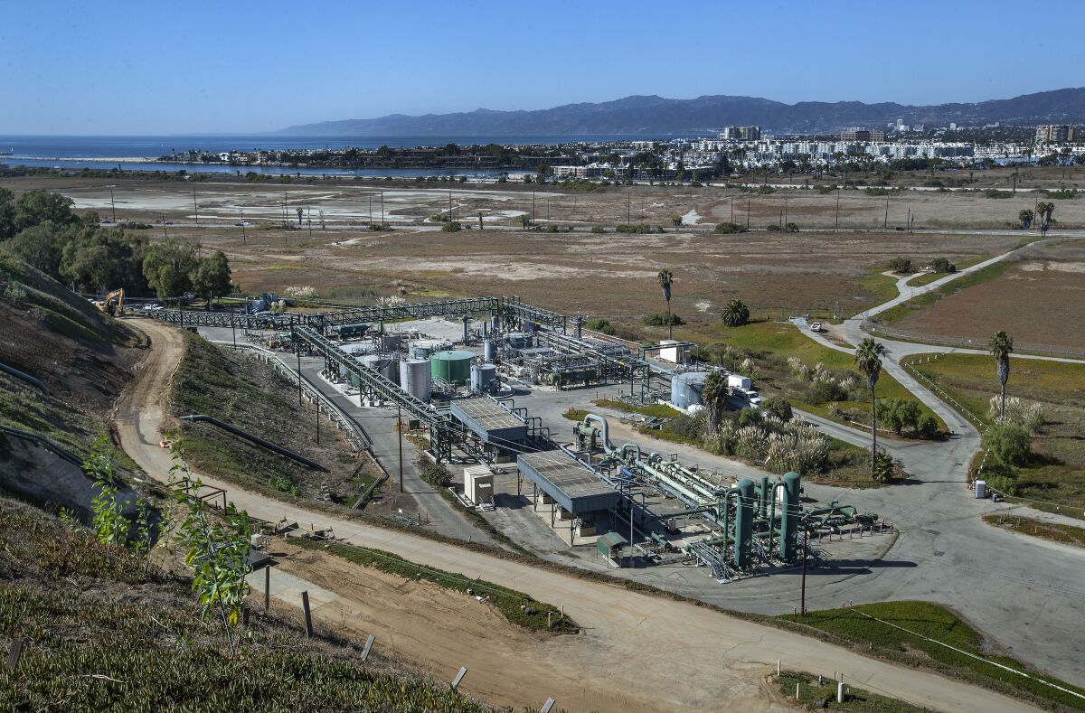 Southern California Gas Co.'s Playa del Rey storage facility, with the Ballona Wetlands in the background.