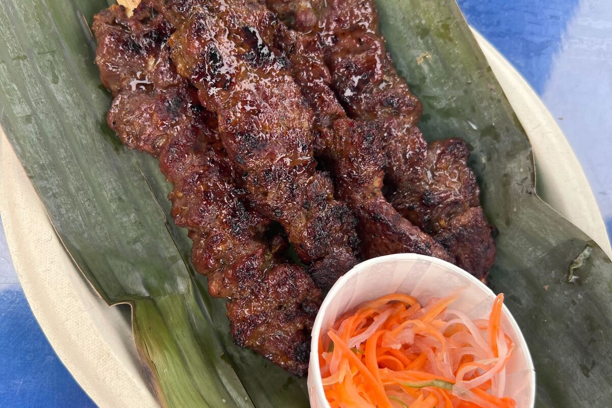 Beef skewers with pickled vegetables from Golden Skewer stand at Smorgasburg LA