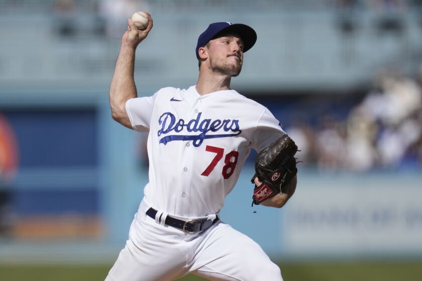 Los Angeles Dodgers starting pitcher Michael Grove (78) throws during the first inning of a baseball game.