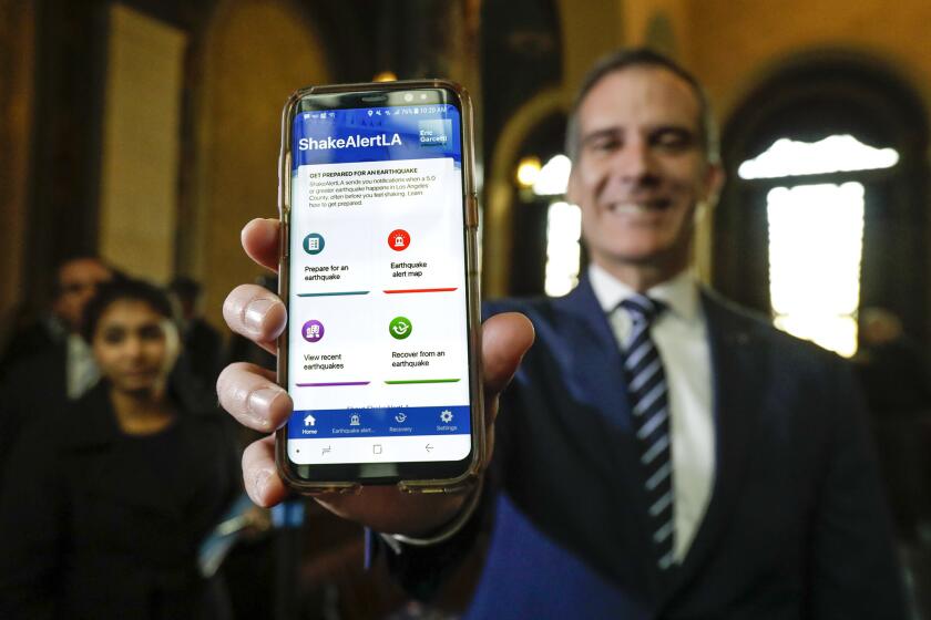 LOS ANGELES, CA JANUARY 03, 2019 --- Mayor Eric Garcetti announces the launch of ShakeAlertLA, the nation?s first publicly available earthquake early warning mobile app, as part of a pilot program with the United States Geological Survey (USGS), and partners AT&T and The Annenberg Foundation. (Irfan Khan / Los Angeles Times)