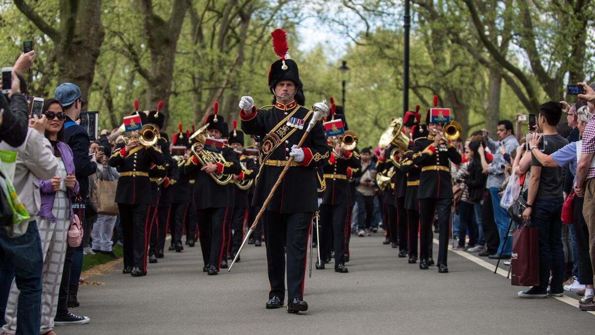 The Royal Artillery Band entertained crowds in London's Hyde Park as part of celebrations Monday marking the Saturday arrival of Princess Charlotte.