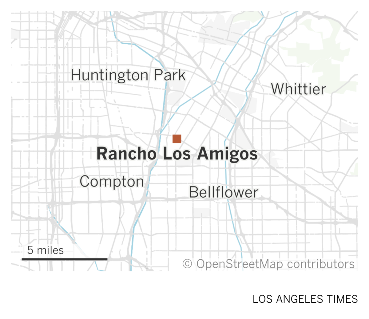 A map shows the location of the Rancho Los Amigos National Rehabilitation Center in Downey.