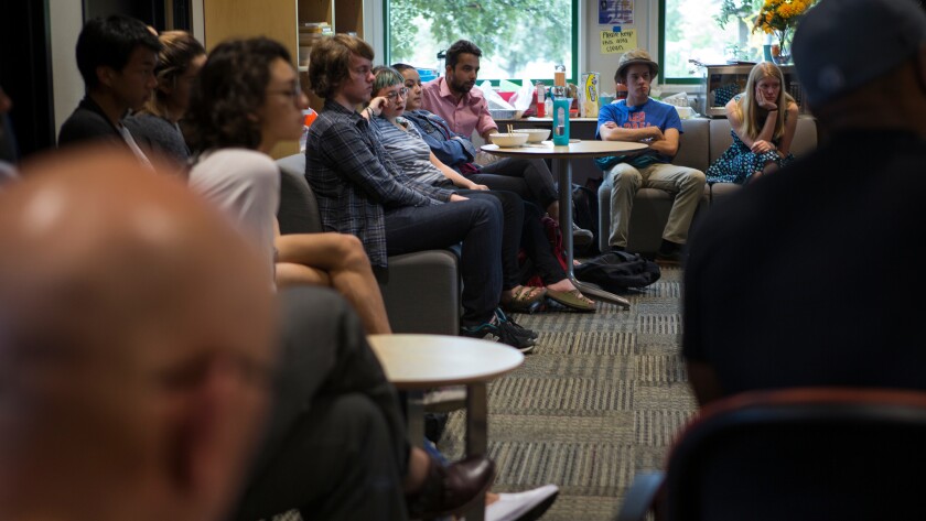 Students at a DUDES meeting discuss porn and how it falsely sets up male expectations at the Hunsaker University Center.