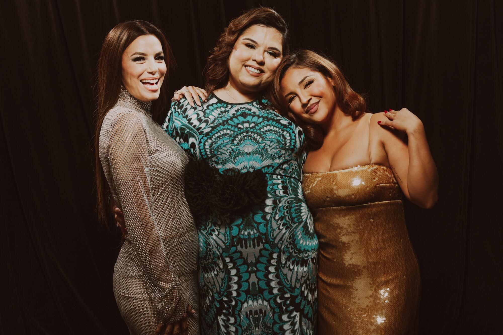 Director Eva Longoria, writer Linda Yvette Chavez and actress Annie Gonzalez, from left, from the 2023 film, "Flamin' Hot."