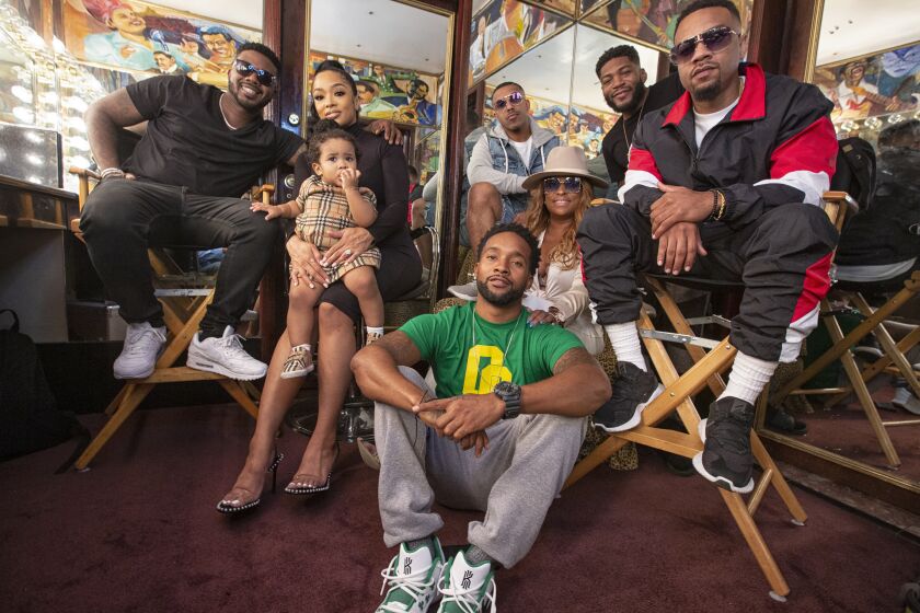 HOLLYWOOD, CA, MONDAY, SEPTEMBER 23, 2019 - On the set for a night of filming VH1Õs reality show, Love and Hip Hop at Studio Instrument Rentals. (From left) Ray J, Princess Love Norwood, Melody Love Norwood, Marques Houston, Yo-Yo, J-Boog (seated on the floor), Kelton "LDB" Kessee and Jerome ÒRomeoÓ Jones. (Robert Gauthier/Los Angeles Times)