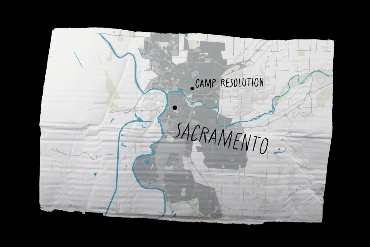 A photo illustration of a map of Sacramento on a crumpled cardboard sign.