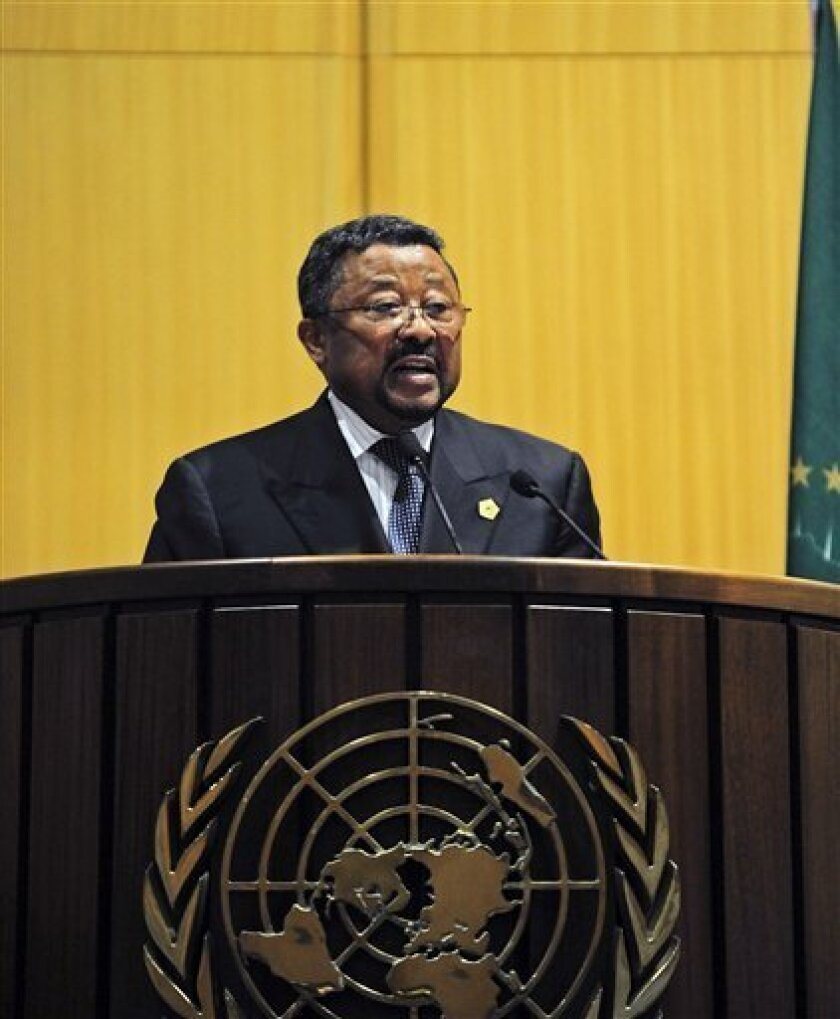 In this photo released by China's Xinhua News Agency, the African Union Chairman Jean Ping addresses the 16th ordinary session of the Assembly of the African Union held in Addis Ababa, Ethiopia, Sunday, Jan. 30, 2011. (AP Photo/Xinhua, Zhao Yingquan) NO SALES