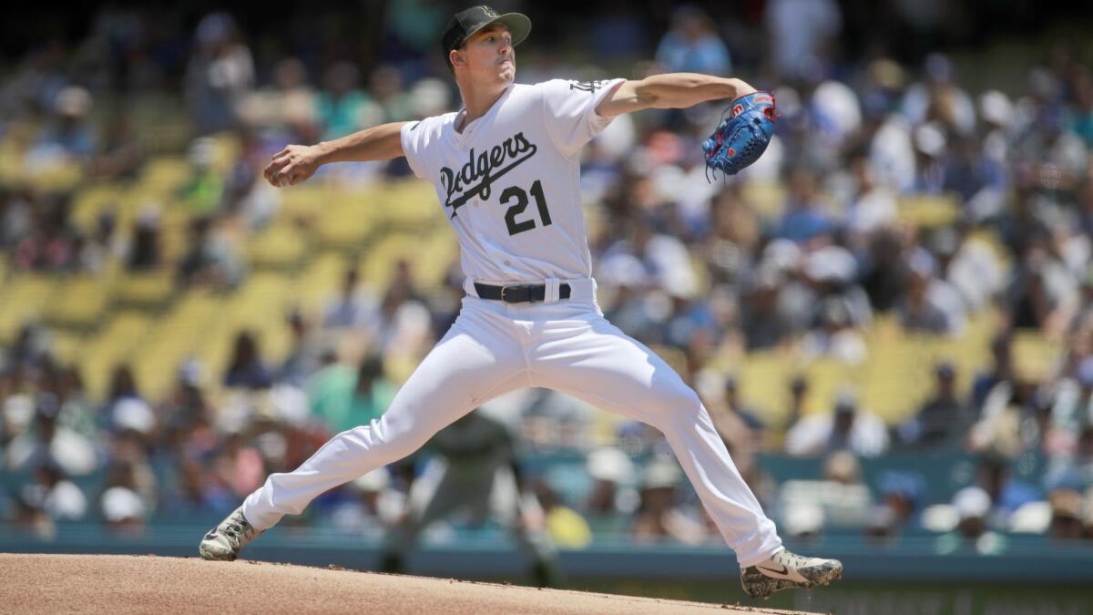 Dodgers starting pitcher Walker Buehler gave up only four hits in seven innings against the Padres on Sunday.