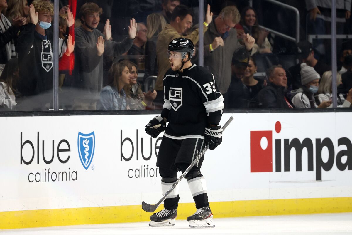 Kings forward Viktor Arvidsson celebrates his goal against the Minnesota Wild on Oct. 16, 2021.