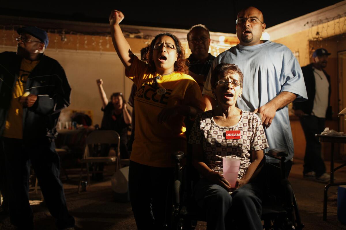 Advocacy groups have alleged that Pasadena's OneWest Bank discriminates against minorities and want federal housing regulators to investigate. Above, a 2011 protest over a OneWest foreclosure in La Puente.