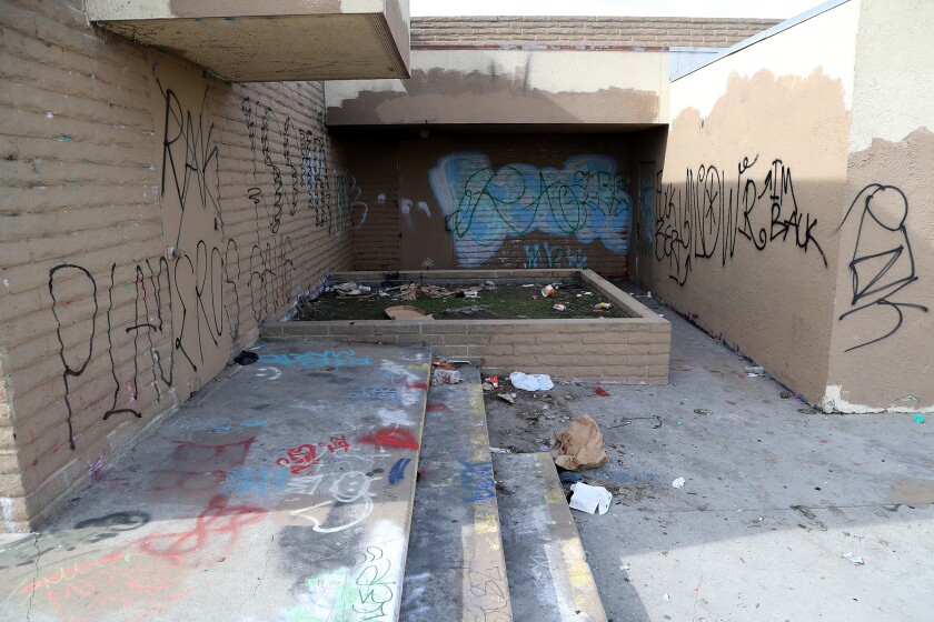 Graffiti and trash at Park View School on Wednesday in Huntington Beach.