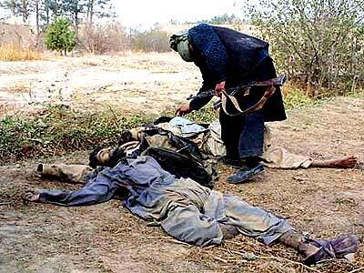 A Northern Alliance fighter checks the bodies of pro-Taliban soldiers.