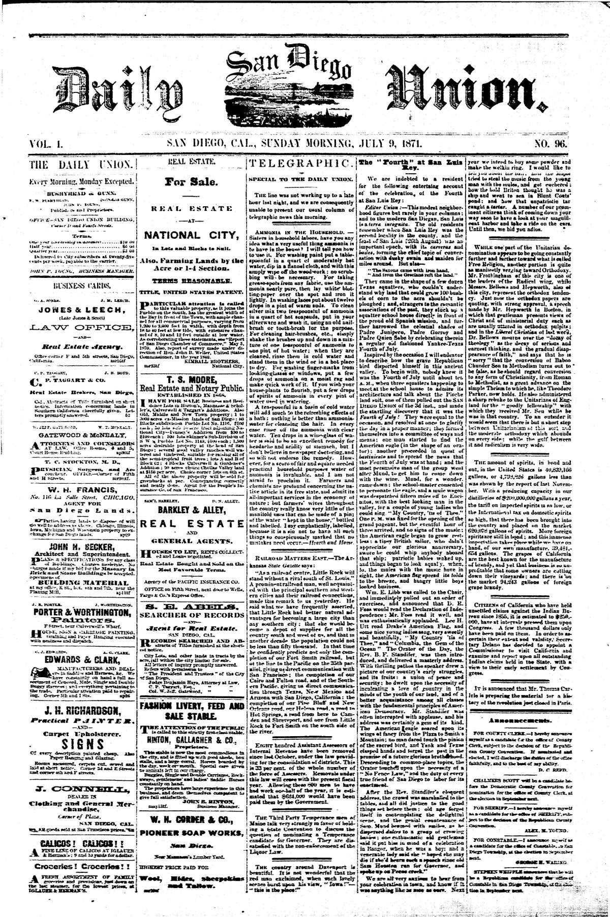 Front page of the Daily San Diego Union, July 9, 1871.