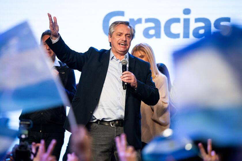 In this handout photo released by "Frente de Todos" oposition party, presidential hopeful Alberto Fernandez speaks to supporters after learning the first results of the primary elections in Buenos Aires on August 11, 2019. - President Mauricio Macri suffered a crushing defeat as Argentines voted in party primaries on Sunday ahead of October's general election. Center-left nominee Alberto Fernandez led by around 15 points after partial results were revealed as center-right, pro-business Macri admitted it had been "a bad election." (Photo by HO / FRENTE DE TODOS PARTY / AFP) / RESTRICTED TO EDITORIAL USE - MANDATORY CREDIT "AFP PHOTO / FRENTE DE TODOS PARTY" - NO MARKETING NO ADVERTISING CAMPAIGNS - DISTRIBUTED AS A SERVICE TO CLIENTSHO/AFP/Getty Images ** OUTS - ELSENT, FPG, CM - OUTS * NM, PH, VA if sourced by CT, LA or MoD **