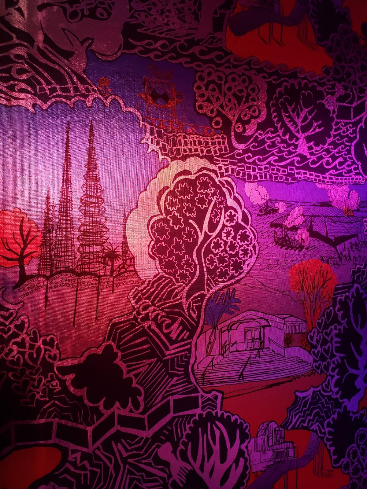 A detail of Cauleen Smith's wallpaper shows the Watts Towers.